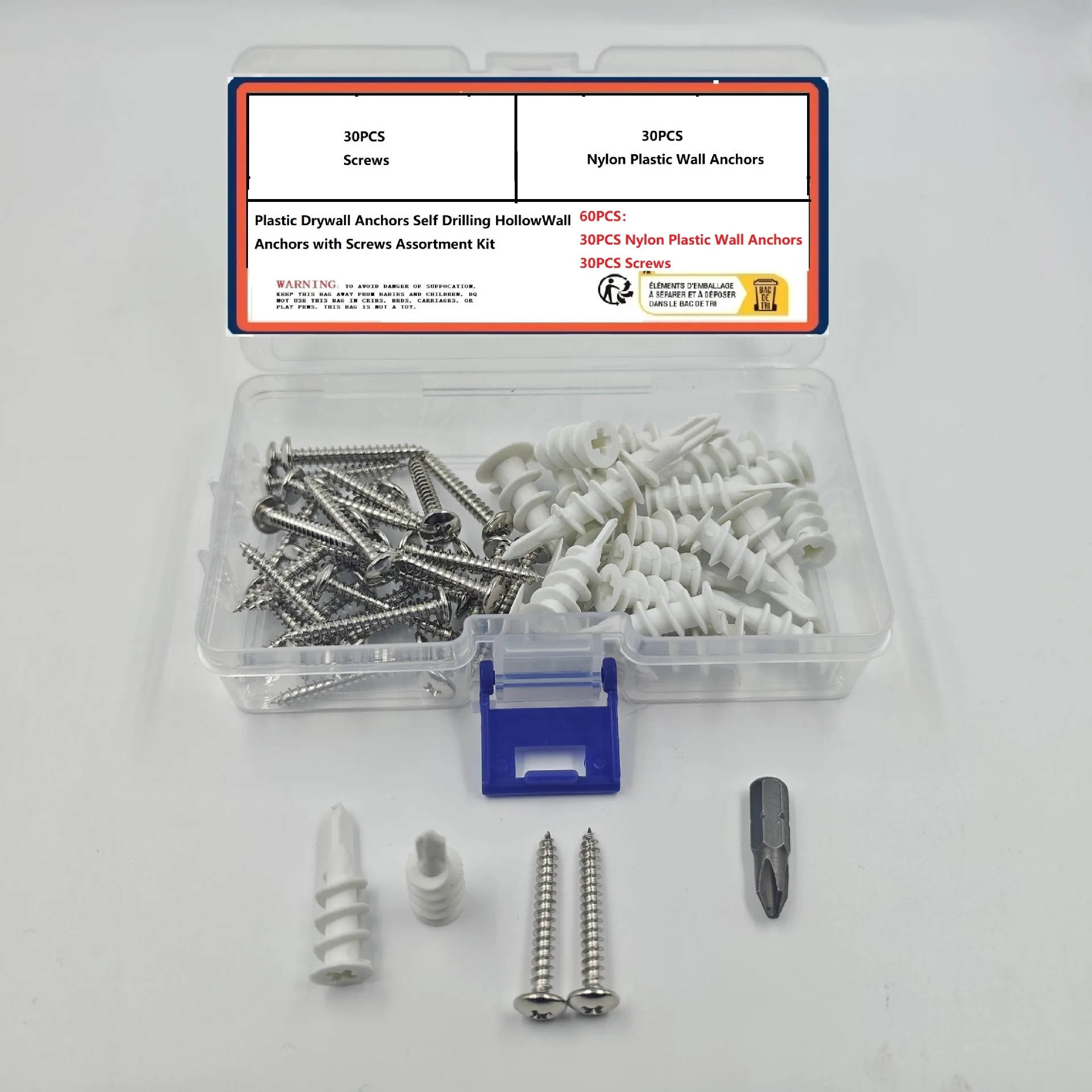 60PCS Nylon Drywall Anchors Kit 30 Plastic Expansion Anchors 30 Screws