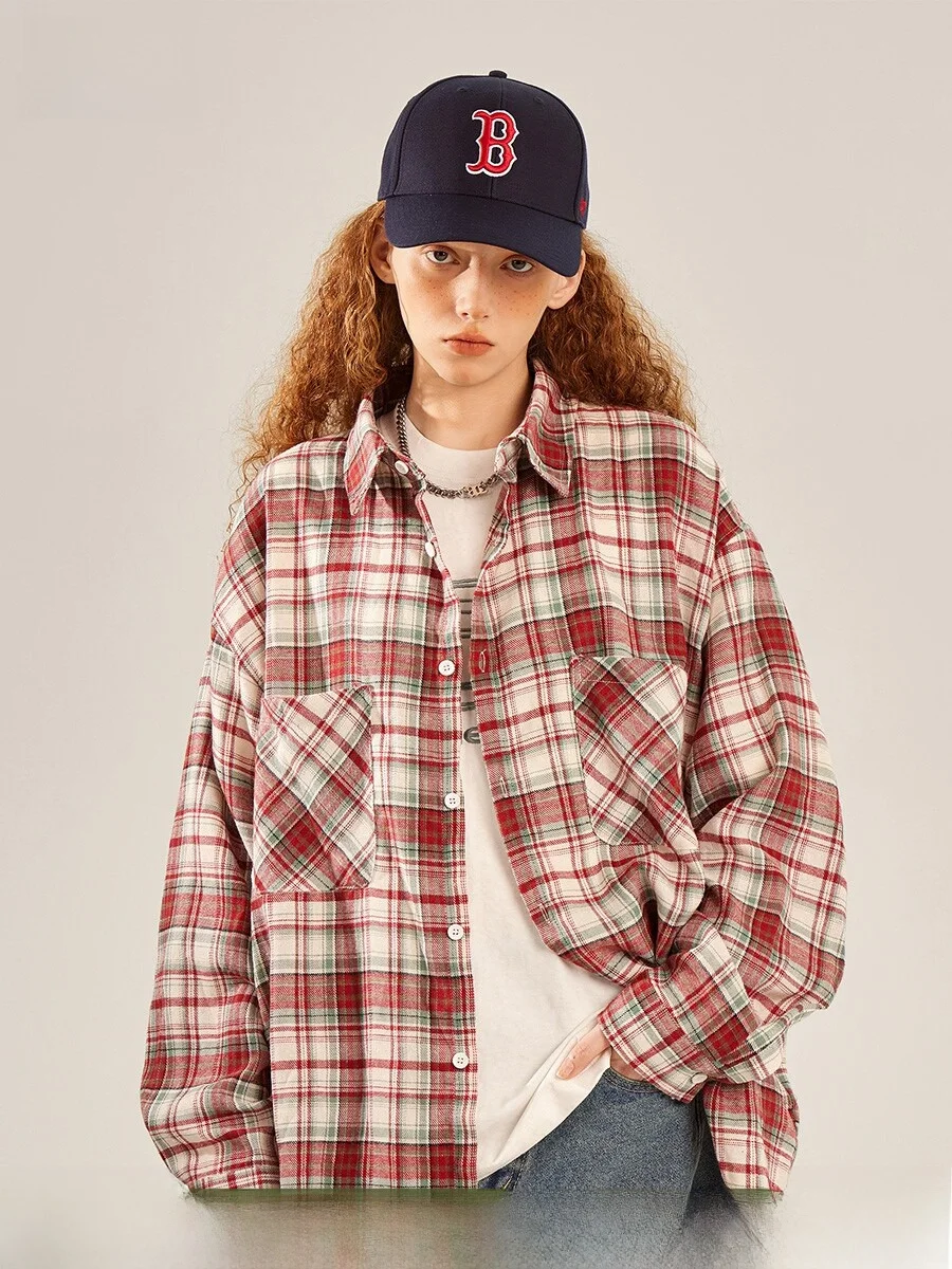 

Женская рубашка Beetle Town в американском ретро-стиле в клетку с длинными рукавами, весенняя свободная верхняя одежда, модная теплая фланелевая рубашка из хлопка