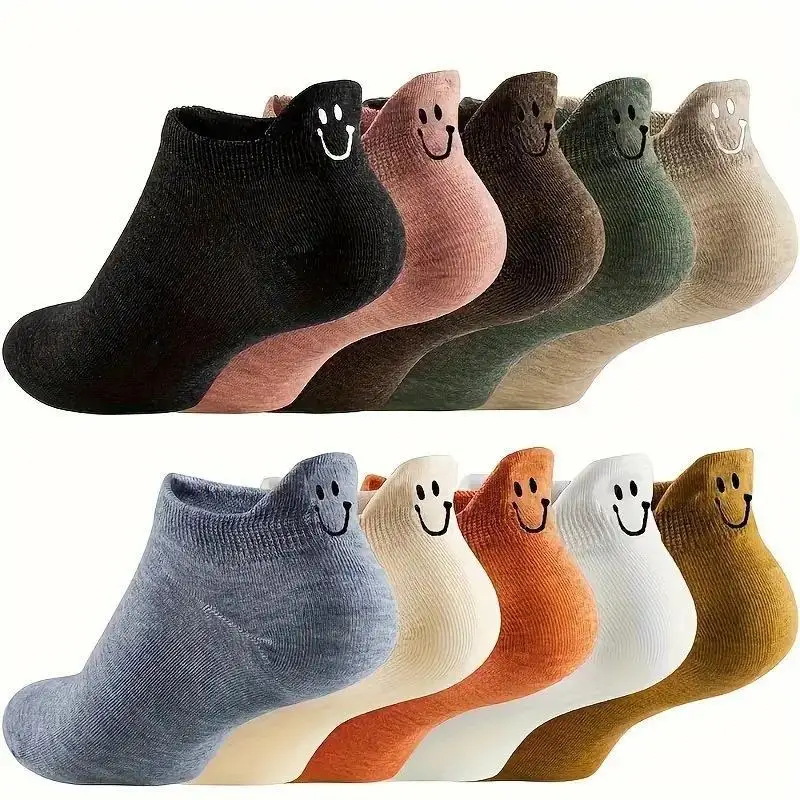 16Pcs 8Pairs Women Low Cut Ankle Socks Cute Smiling Face Breathable Soft Skin Friendly Casual Daily Socks Random Colors