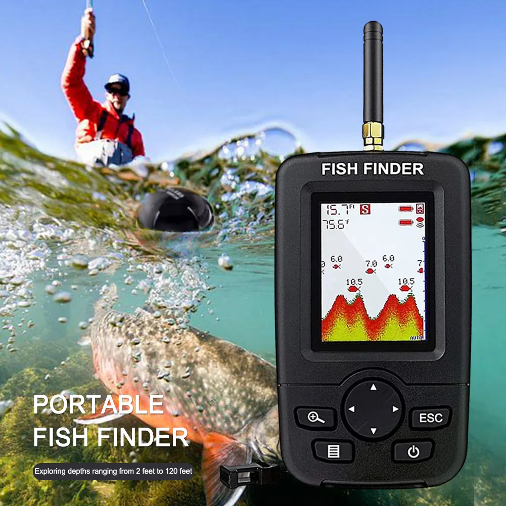 Sonar profundidade sirene alarme portátil sem fio isca de pesca eco sounder handheld 45m/147ft display lcd 125khz para pesca no gelo mar