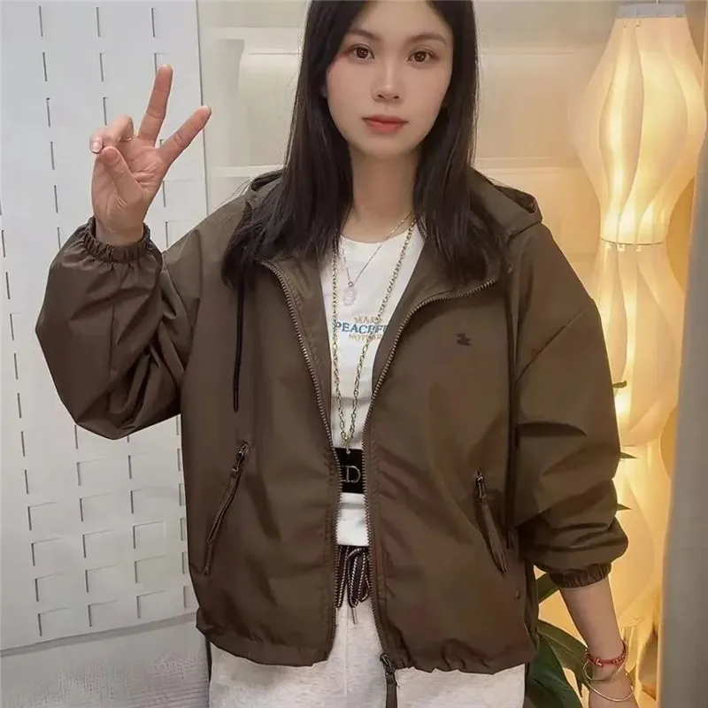 

2025 Spring Autumn New Women's Short Hooded Coat Short Female Drawstring Casual Loose Jacket Korean Version Blouse Overwear