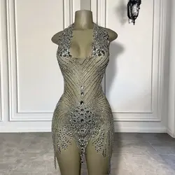 Luxury Sexy See Through Women Cocktail Gowns V-neck Sparkly Crystals Silver Short Prom Dresses 2026 For Birthday