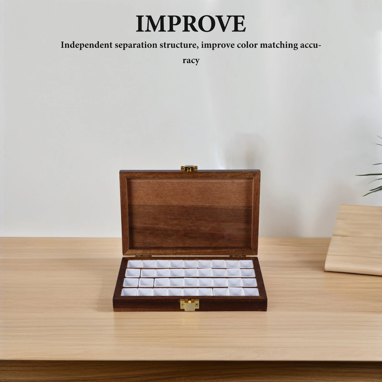 

1 Set Portable Wooden Watercolor Palette Box with 36 Individual Compartments Travel Paint Mixing Tray for Artists