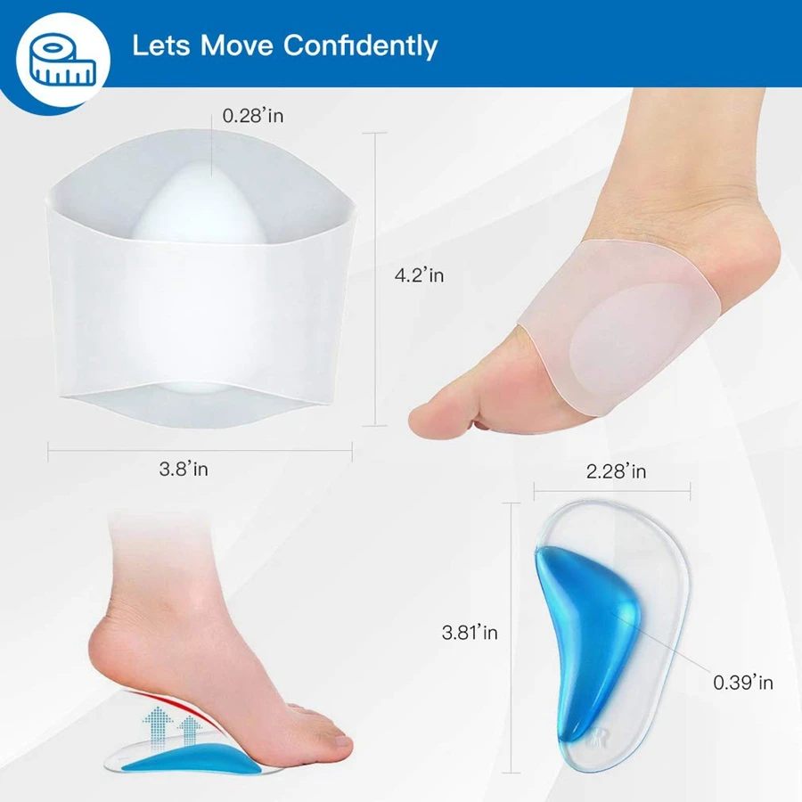 Gel Arch Support Set, 2 Pairs Plantar Fasciitis Sleeves/Shoe Insoles for Flat Feet, Reusable Soft Silicon Arch Sleeves with