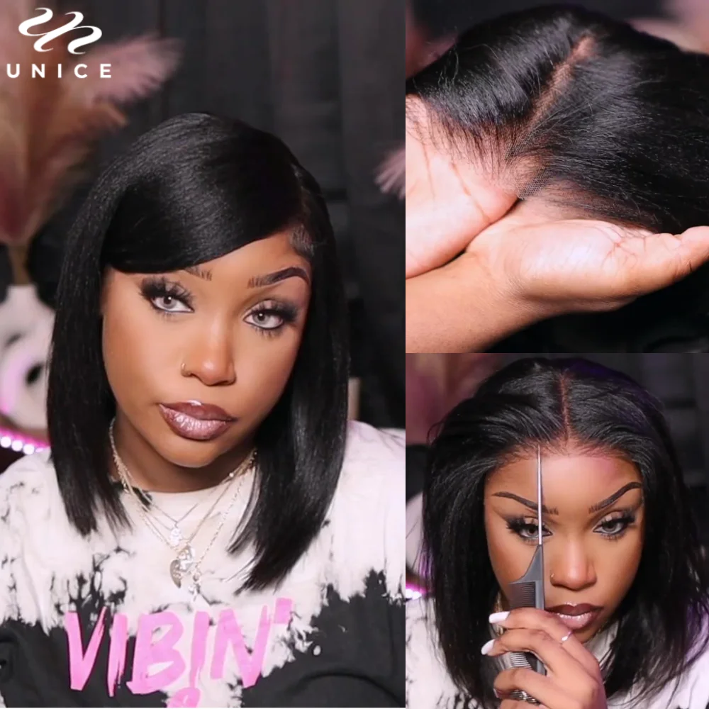 UNice Hair Light Yaki Straight Bob Wig With Elastic Drawstring 7x5 Pre Cut Pre Bleached Glueless Wigs Human Hair Ready To Wear image 5