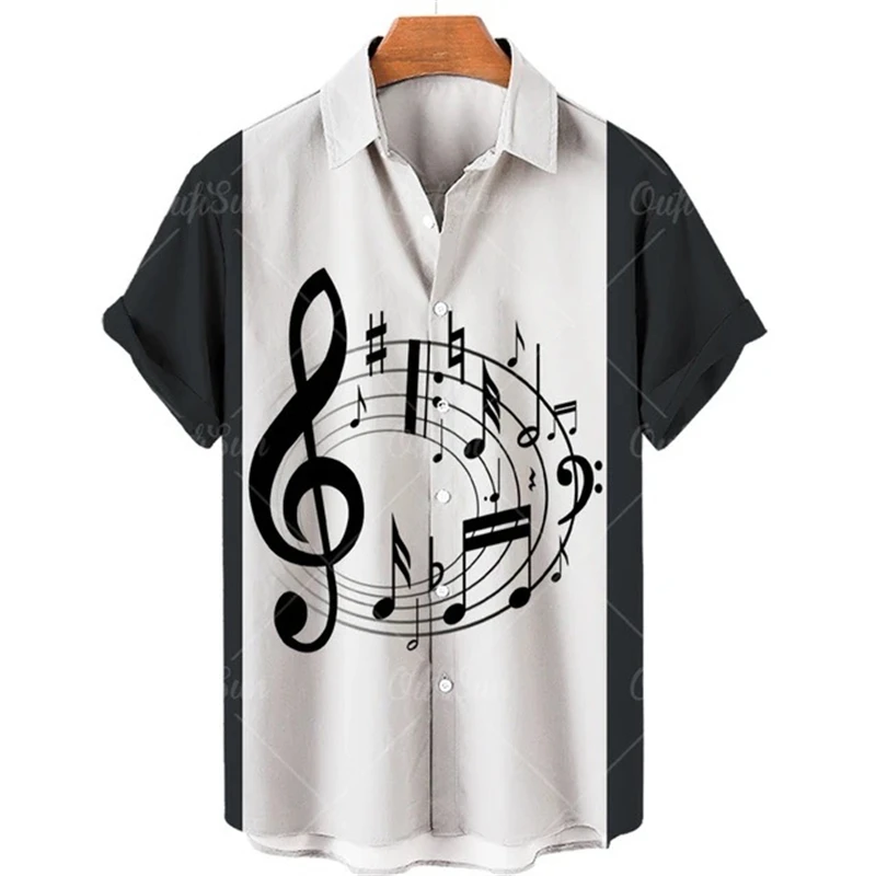 Men\'s shirt summer Hawaiian shirt pattern print music notes outdoor street short sleeved clothing for comfort and breathability