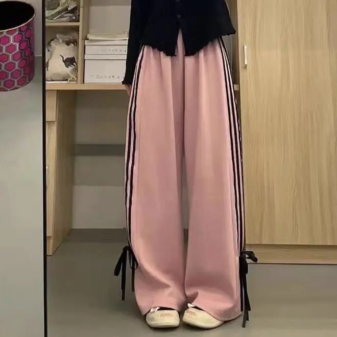 Pink Bow Tie Simple Casual Pants Women's Trendy Loose High Waist Wide Leg Cotton Long Trousers Korean Version