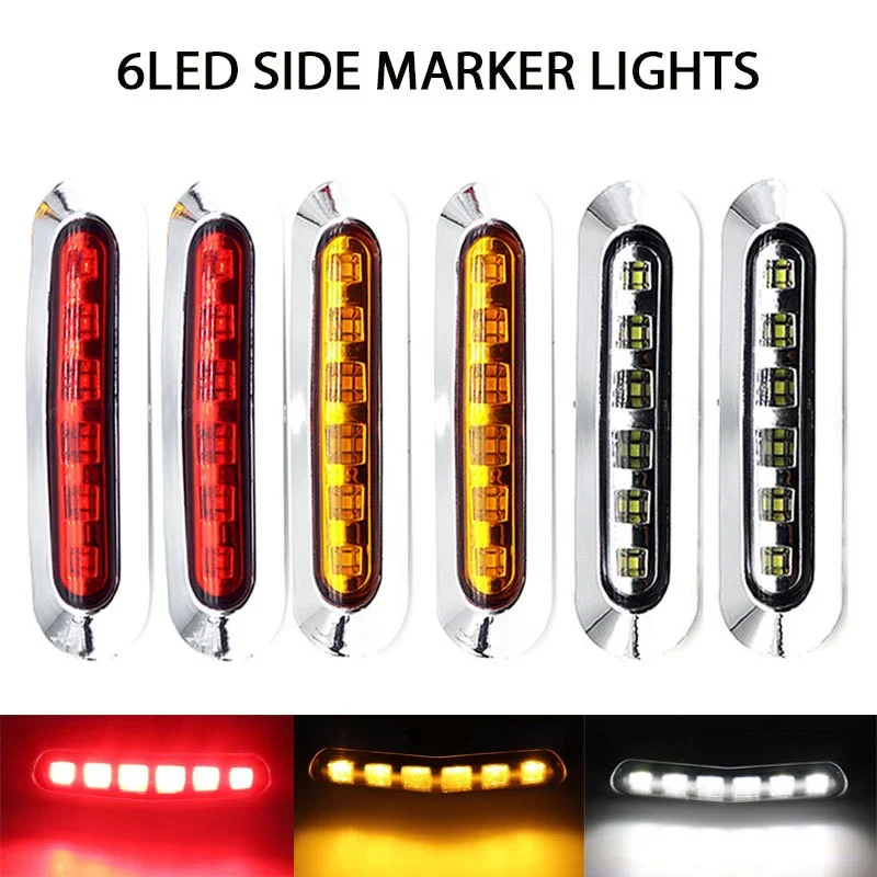 2x 12V-24V 6LED Chrome Bezel Side Marker Light Tail Lamp Auto Car Bus Truck Lorry Trailer Caravan Clearance Lights Tail Light