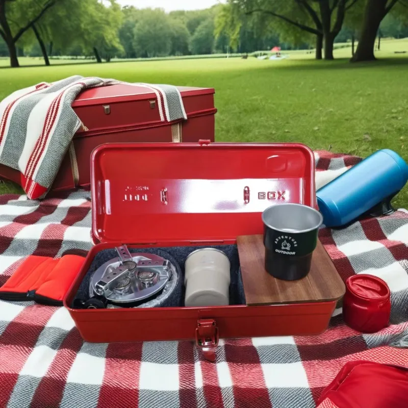 Boîte à outils Portable, boîte de rangement d'outils de noël multifonctionnelle, boîte à outils de camping en fer pour pique-nique en plein air avec autocollants
