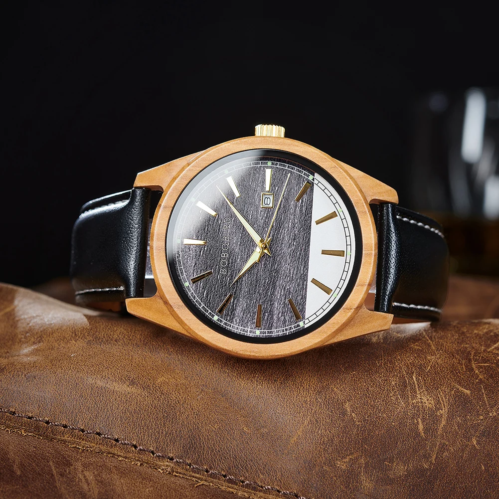 Men\'s Leather Wristwatch New BOBO BIRD Watch Special Design Men Wooden Watches Japanese Quartz Movement Timepieces Custom Gift