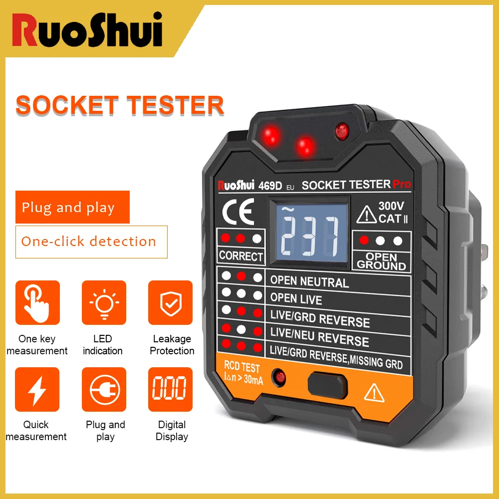 

RuoShui 469D Socket Tester EU US Plug Seven LED Light Patterns Multi-Function Leakage Protection Switch Test Smart Test Meter