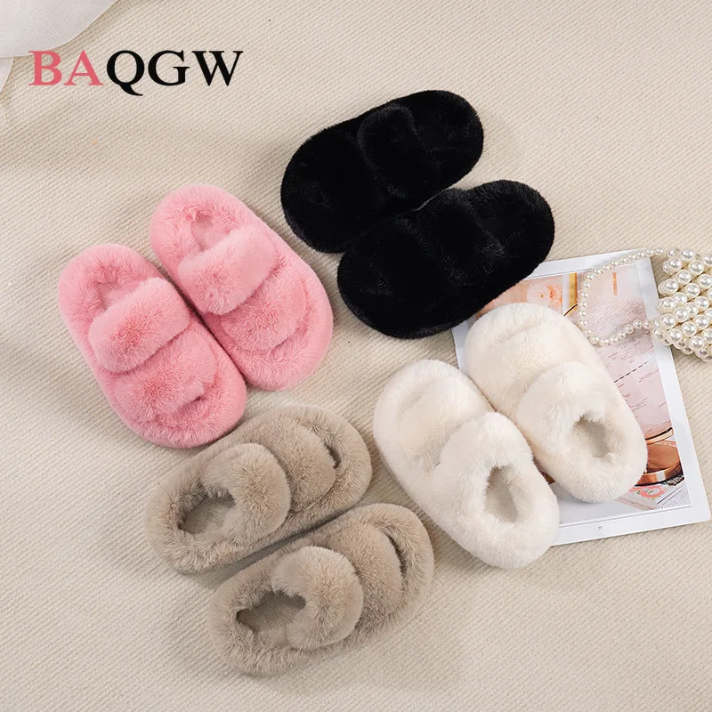 Winter Children Girls House Furry Slippers Fashion Faux Fur Warm Shoes Slip on Flats Baby Girls Home Slides Black Plush Indoor