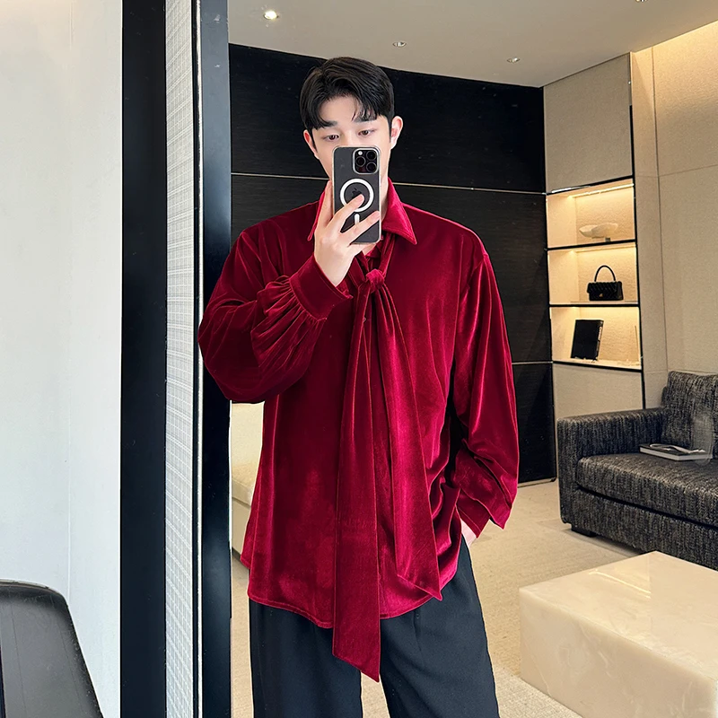 

Мужская бархатная рубашка с длинным рукавом, повседневная, красная, весна-осень, новый стиль, роскошный дизайн, из полиэфирного волокна, молодежная, популярная
