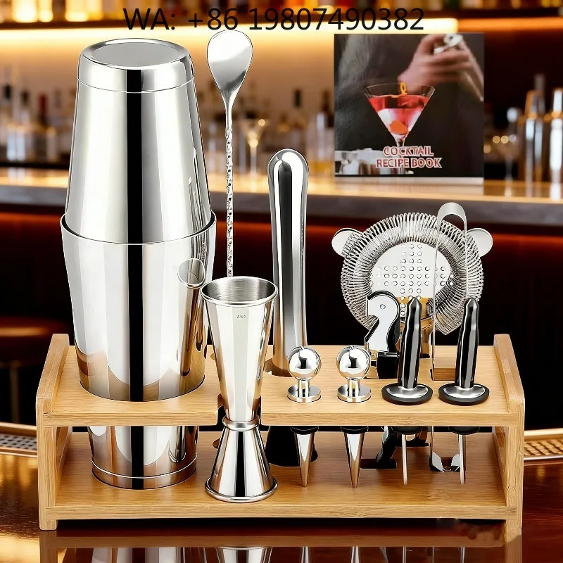 14Pcs Stainless Steel Bartender Tool Kit Dual Size Boston Shaker 20oz&25oz Complete Bar Accessories With Display Stand For Bar C
