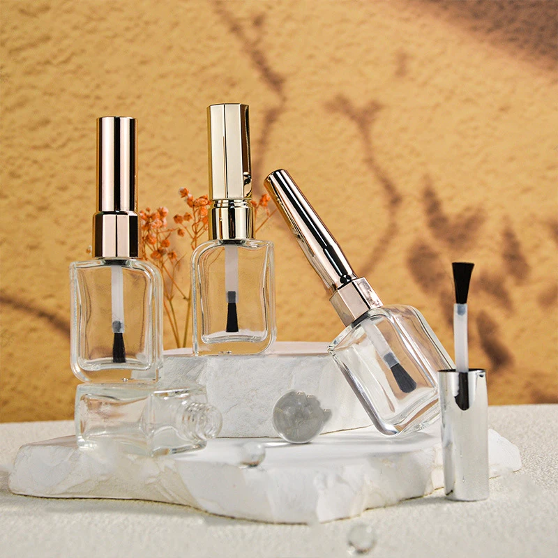 Frasco de esmalte com tampa, Escova Cosméticos Recipientes, Garrafas De Vidro Com Escova, Tampa Dourada e Prateada, 15ml