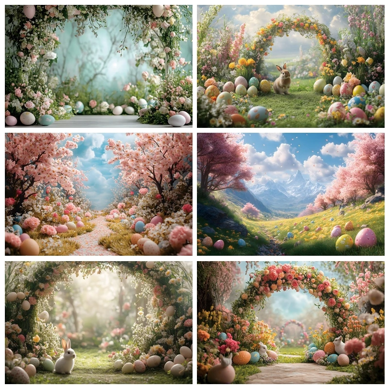 Spring Easter Backdrop for Photography Nature Forest Scenery Tree Grass Floral Easter Eggs Photo Background Photoshoot Banner