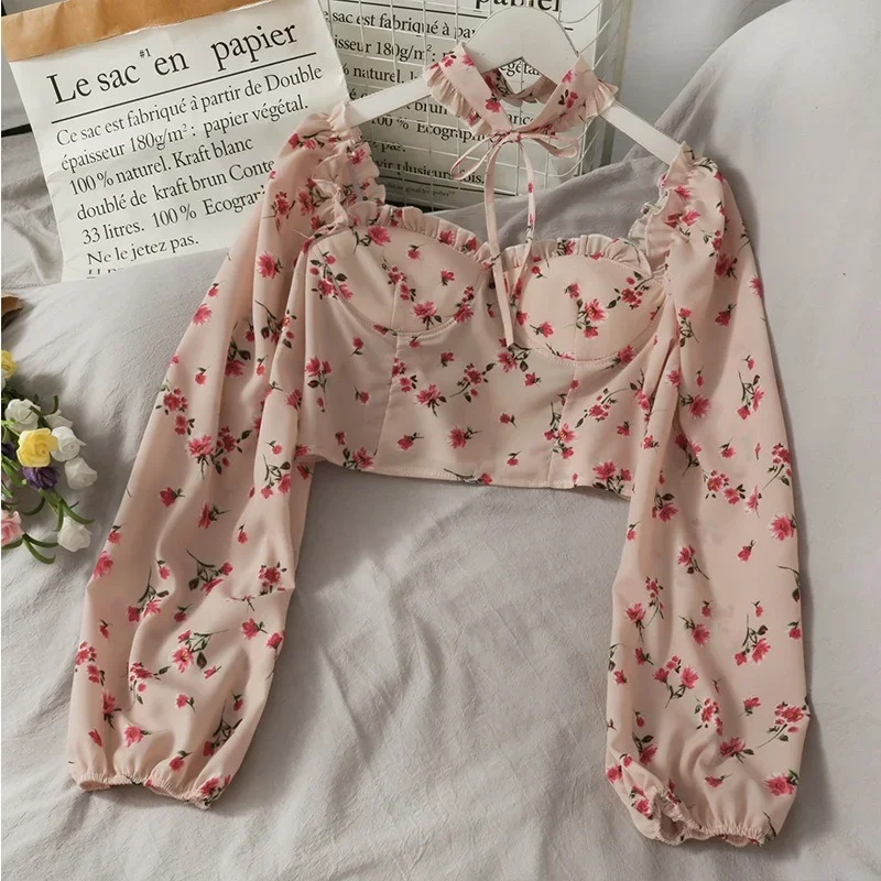 2023 New Spring Sweet Floral Print Folds Ears Short Chiffon Women's Clothes Slash Neck Puff Sleeve Tops Gothic Elegant T-shirts
