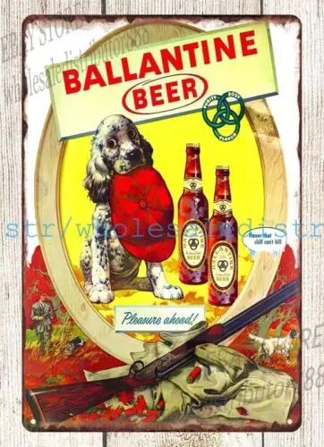 1950s BALLANTINE BEER hunter ammo dog rifle metal tin sign  rustic wall signs