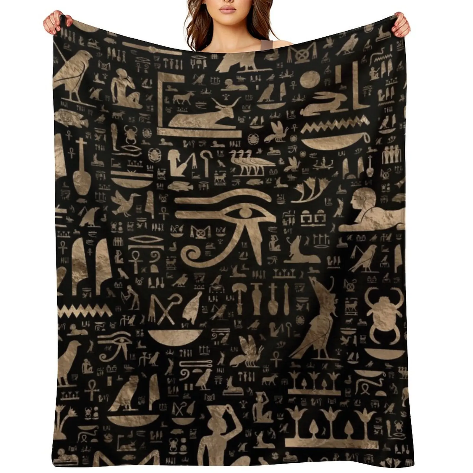 

Ancient Egyptian hieroglyphs - Black and gold Throw Blanket Designers Stuffeds Hair wednesday Blankets