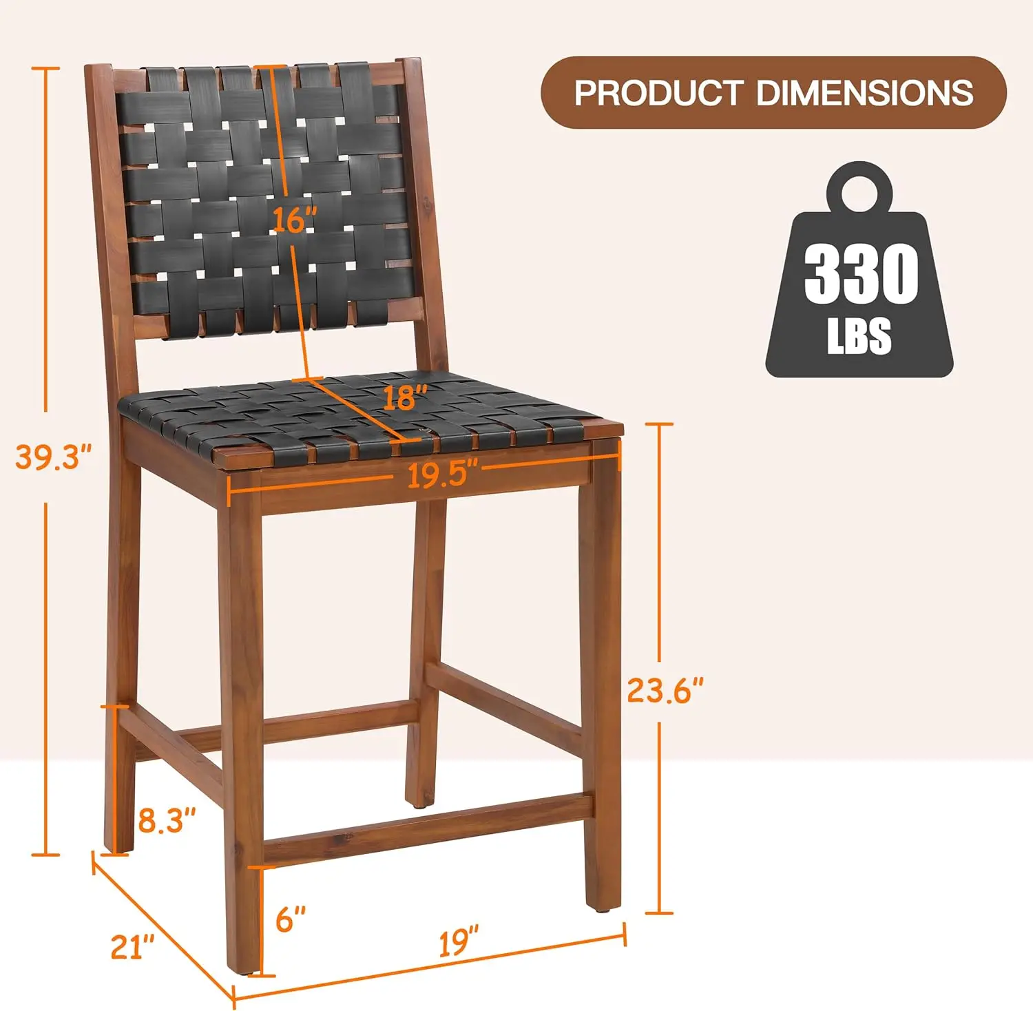 Conjunto de bancos de bar com altura de balcão de 6-24" em couro sintético tecido com costas e pernas de apoio para os pés, ao ar livre, ilha de cozinha e pub