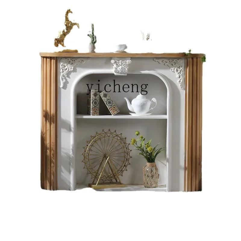 

French Retro Wood Carved Fireplace Curio Cabinet Simulation Flame Fireplace Mantel