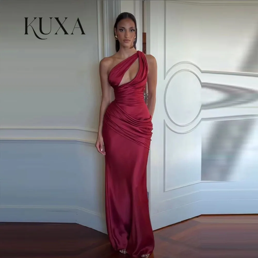 KUXA Burgundy Satin Evening Dresses Formal Scalloped Backless Mermaid Prom Gowns One Shoulder Floor Length Dress Customized 2026