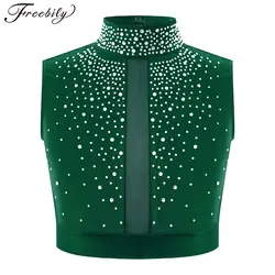 Kids Girls Lyrical Modern Dance Figure Skating Costume Sleeveless Shiny Rhinestones Mesh Crop Top Stage Performance Dancewear