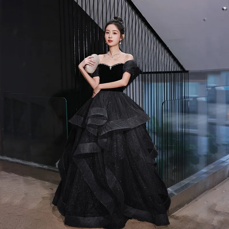 Black off-Shoulder Women's New Art Exam Graduation Skirt Temperament Banquet Dress