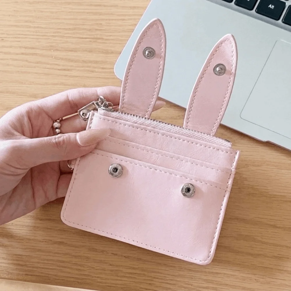 Cute PU Leather Bunny Ear Card Holder Snap Button Multi-functional ID Card Case Polyester Lining Multi Slots Coin Purse Travel