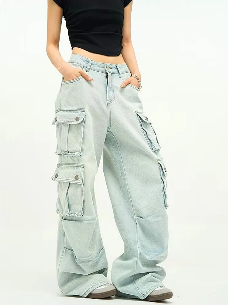 

2023 Harajuku Fashion Multi Pockets Vintage Blue Baggy Cargo Jeans Pants Y2K Clothes Women Straight Wide Leg Streetwear Trousers