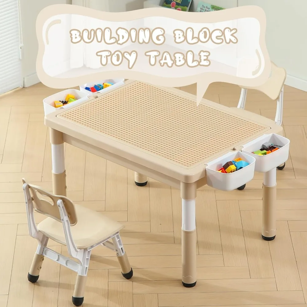 Kids Table and Chairs Set, Toddler Activity Table with Storage, Graffiti & Building Blocks Double-Sided Tabletop, Multi Function