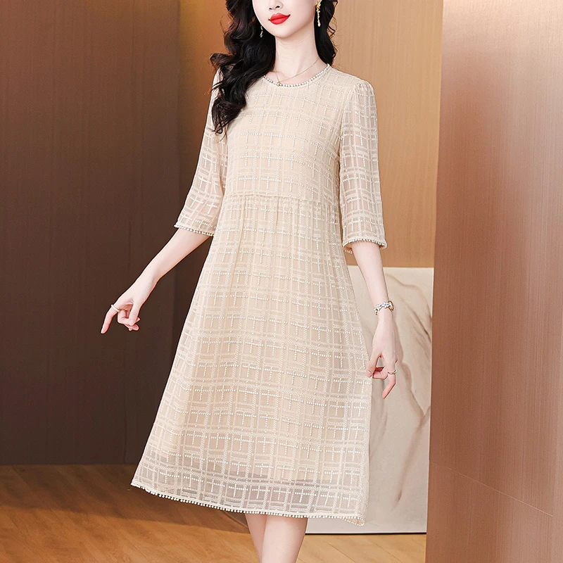 

2025 Luxury Floral Embroidery Natural Silk Midi Prom Summer Casual Vintage Loose Wedding Dress Elegant Women Party Evening Dress