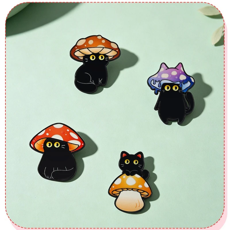 Cartoon Mushroom Black Cat Enamel Brooch Cute Animal Badge Metal Gift Pin DIY Clothing Bags Hat Scarf T-shirt Jeans Accessories