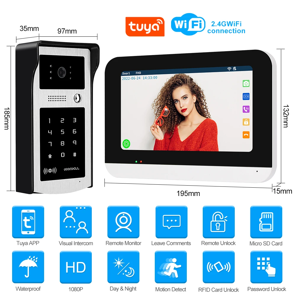 Tuya APP Wireless WiFi Video Intercom System RFID Card Password Outdoor Camera Doorbell + 7inch 1080P HD Touch Indoor Monitor