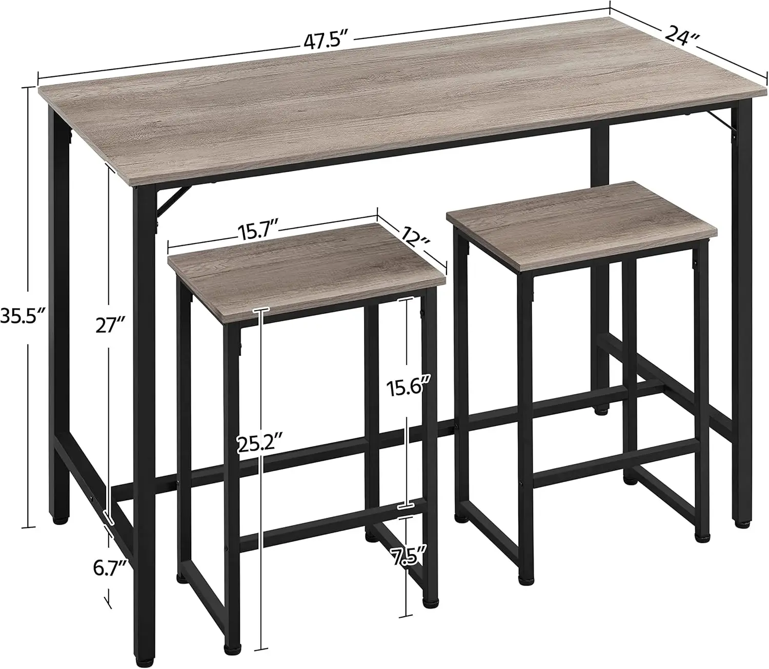 Conjunto de mesa de jantar de 3 peças, conjunto de mesa de bar industrial de 47,5", mesa de cozinha de altura de balcão com bancos de bar conjunto de 2