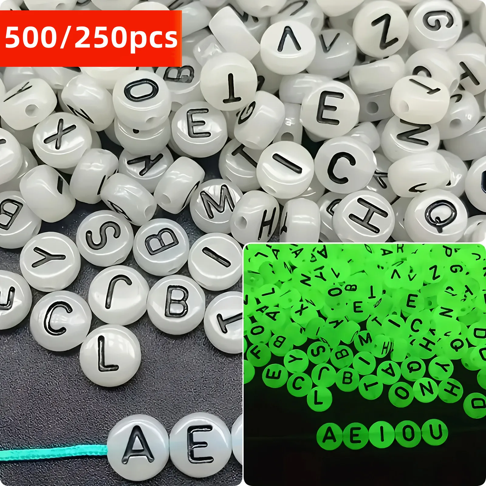500/250 Stück 7mm Nachtlicht Runde Alphabetperlen für DIY Schmuckherstellung Armband Halskette Zubehör Handgemachte Materialien