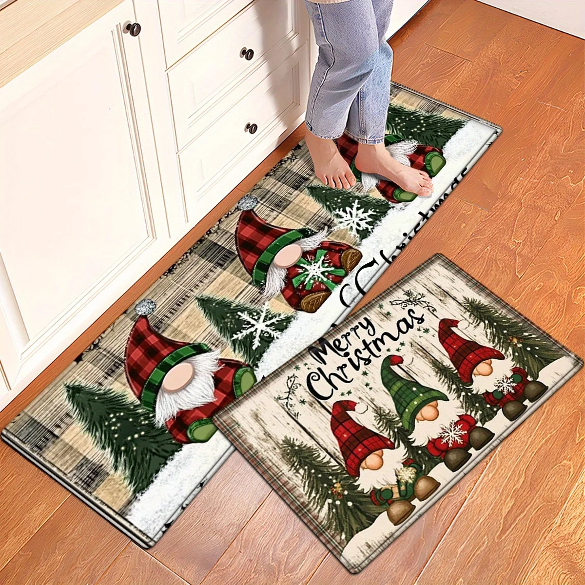 Area Rug Runner Set Christmas Elf Tree Snowflake Light Beige Wood Background Cartoon Kitchen Floor Laundry Mat