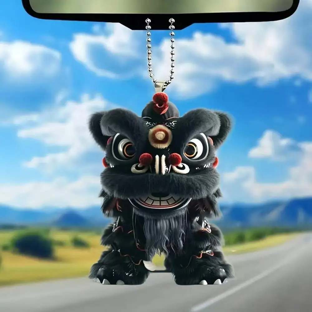 Lion Dance Car Pendant Car Charm Lion Dance Car Pendant with Metal Chain Lion Dance Plush Fabric Charm Good Fortune for Vehicles
