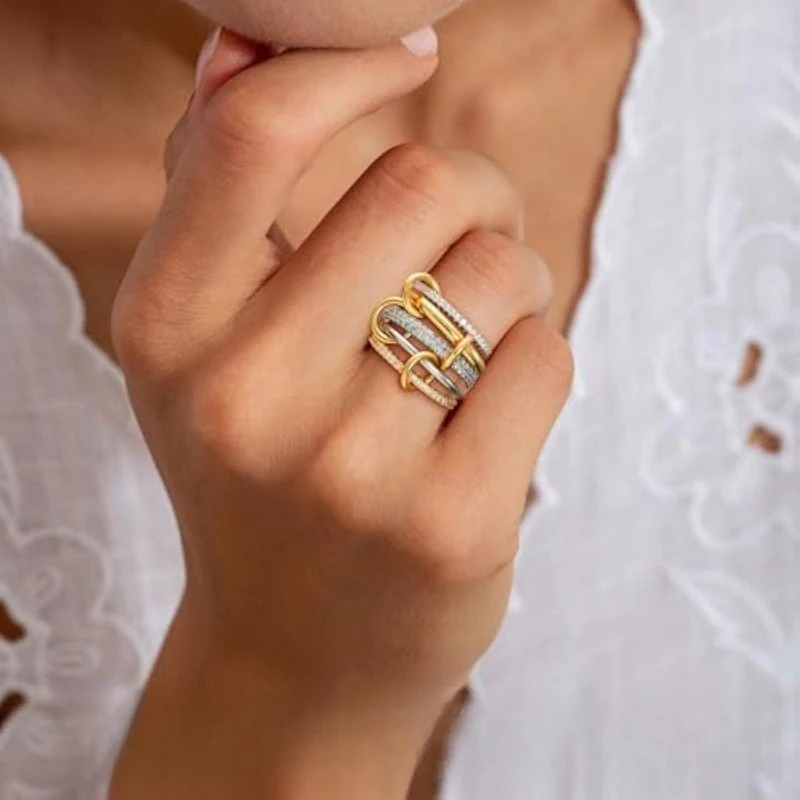 

Gold and Silver Stacked Rings, Interlocking Color Matching Rings, Cubic Zirconium Light Luxury Multi-ring Jewelry