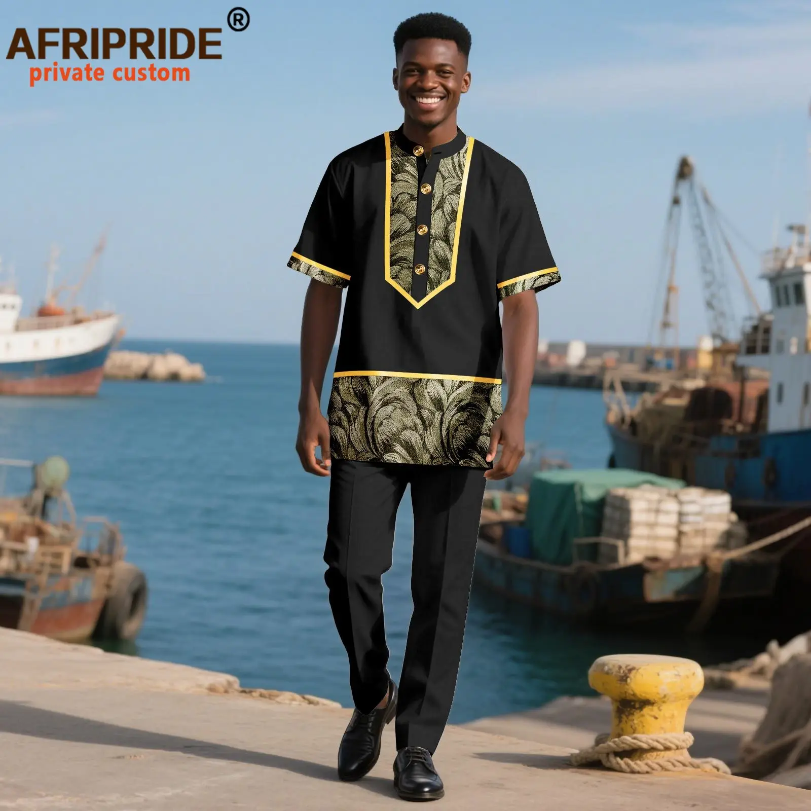 African Traditional Clothing for Men Half Sleeve Embroidery Single Breasted Shirts and Pants 2 Piece Set Dashiki Outfits 2516056