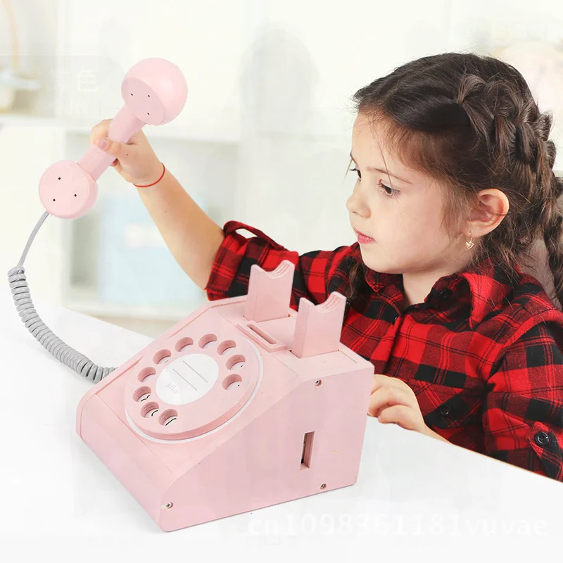Wooden Simulation Telephone Play House for Kids Early Education Parent-Child Interaction Toy Blue/Pink/Red Natural Wood Color