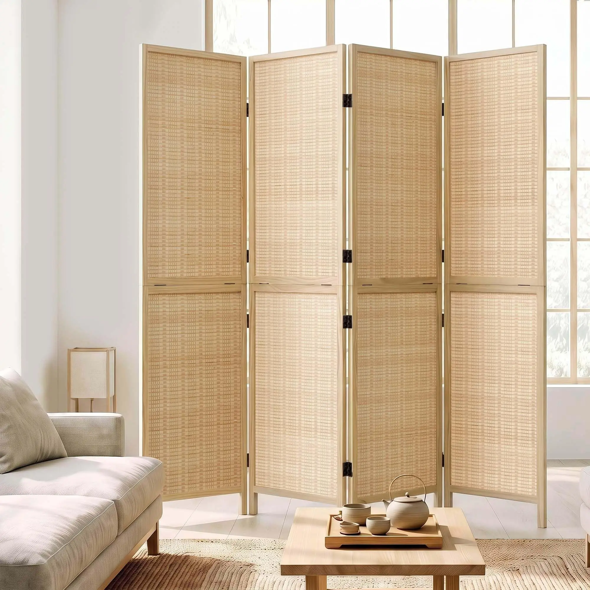 Bamboo Room Divider with 2-Tier Shelves, 4 Panel, 63 x 67 in, Brown | Bamboo room divider with 2-tier shelves for
