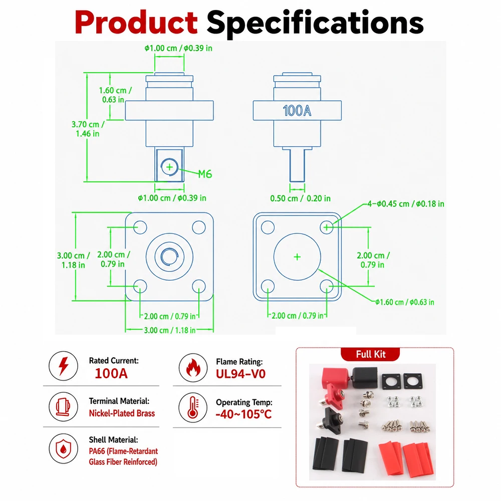 1 Paar 50A 80A 100A 120A 150A 200A Quadratische Vollkupfer-Hochstrom-Lithium-Energiespeicher-Steckverbinder für Wandmontage-Batterieanschlüsse – Detail 7