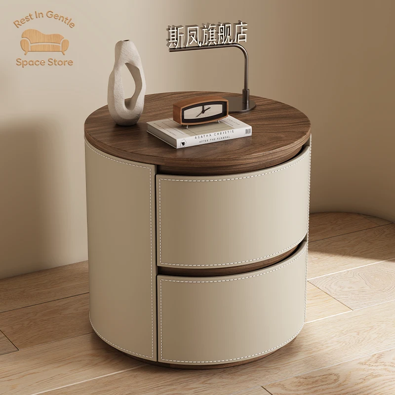 2025 new bedside table high-end saddle leather all solid wood simple modern storage storage sofa cabinet light luxury