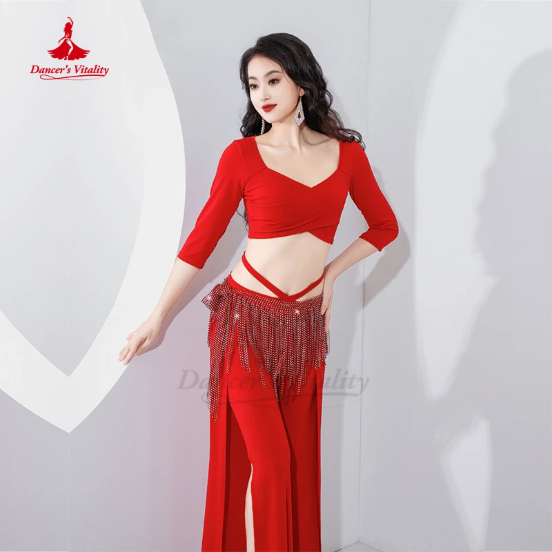 Belly Dance Training Suit Winter Half Sleeve Top+Split Wide Leg Pants 2pcs for Women Belly Dancing Wear Outfit Exotic Dancewear