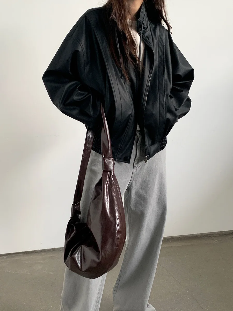 Purchase high-end retro PU leather jacket for motorcycles, women's 2025 new product Korean version high-quality short leather ja