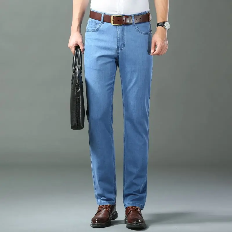 Summer Thin Classic Style Men Brand Jeans Business Casual Stretch Straight Denim Pants Light Blue Black Trousers Male