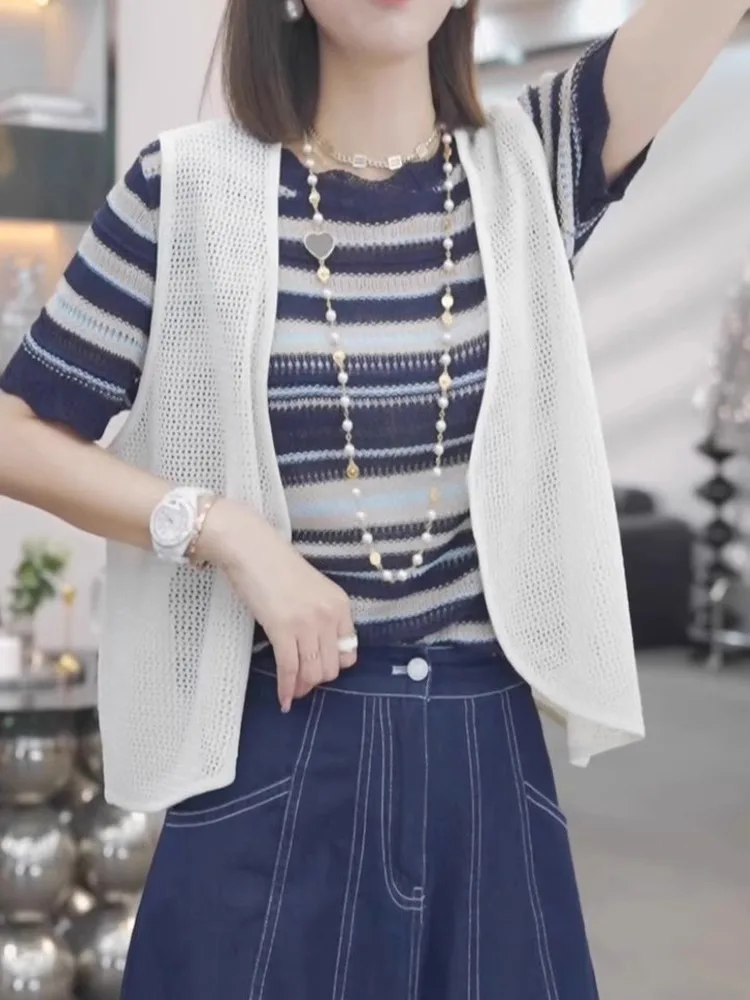 

Ele Breathable Color Svel Open Cardigan Knitted Hollow out Summer Top for Women Korean Sle Straight Cut