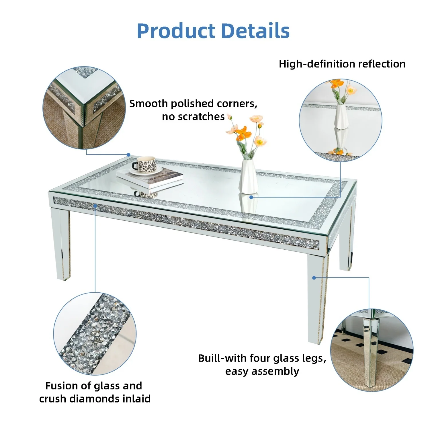 120CM Long Rectangular Mirrored Coffee Table with Crystal Diamonds Inlay for Living Room Office Accent Center Table