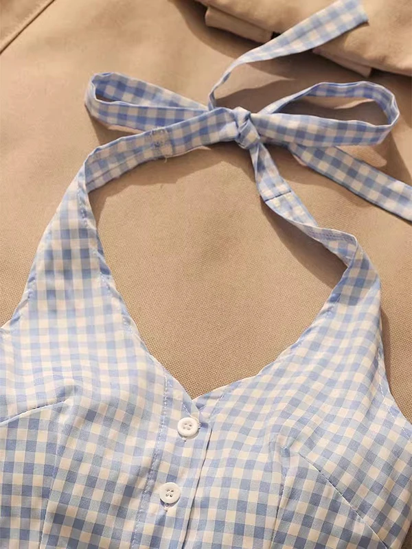 Summer 2026 Women's Plaid Hanging Neck Strap Vest Short Sleeveless Top Inner Match Beautiful Back Sexy Girl Outdoor Wear
